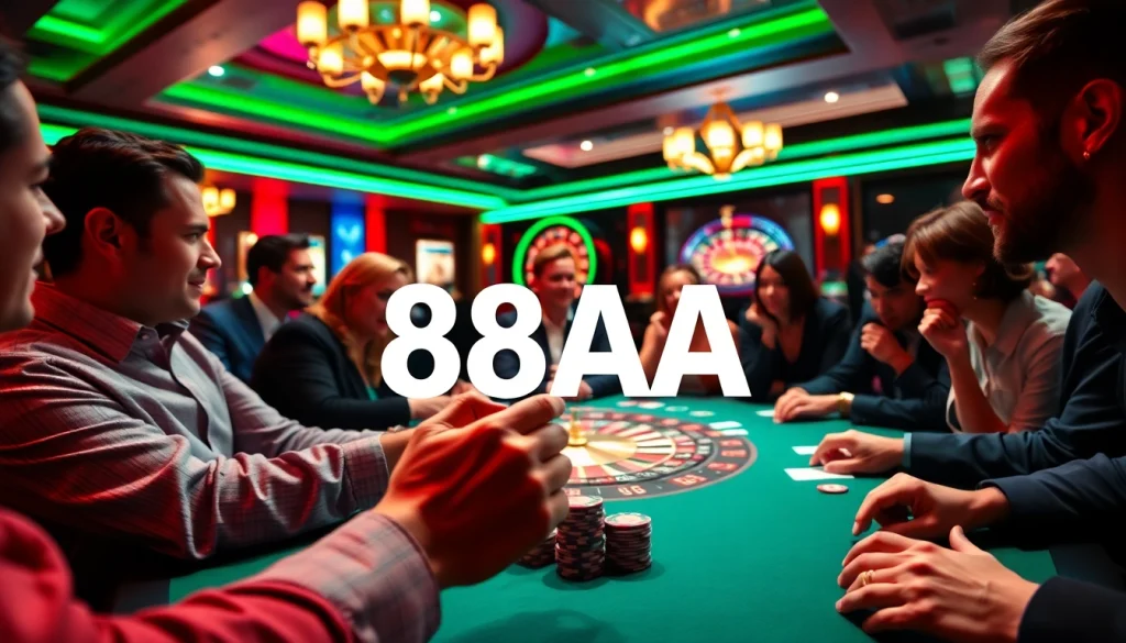 Experience the excitement of gambling at the casino with 88AA, where players engage in thrilling poker games surrounded by vibrant casino decor.